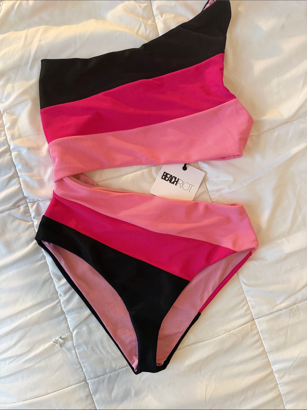 Beach Riot One-Shoulder Colorblock One-Piece - Black, Hot Pink, Light Pink